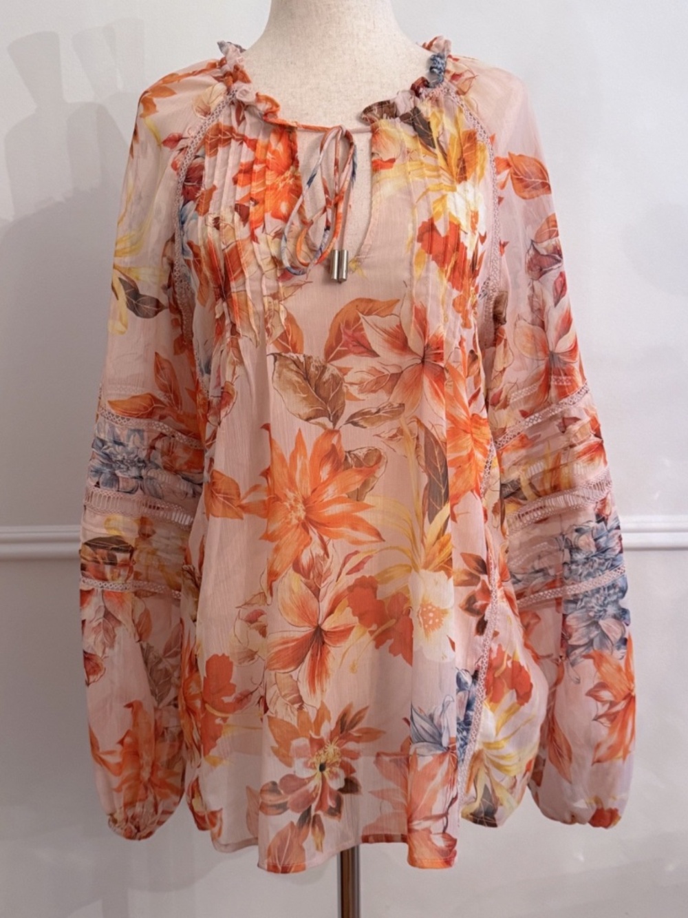 Guess Gilda Sunset Garden Floral Ruffle Tie Front Blouse Long Sleeve Small